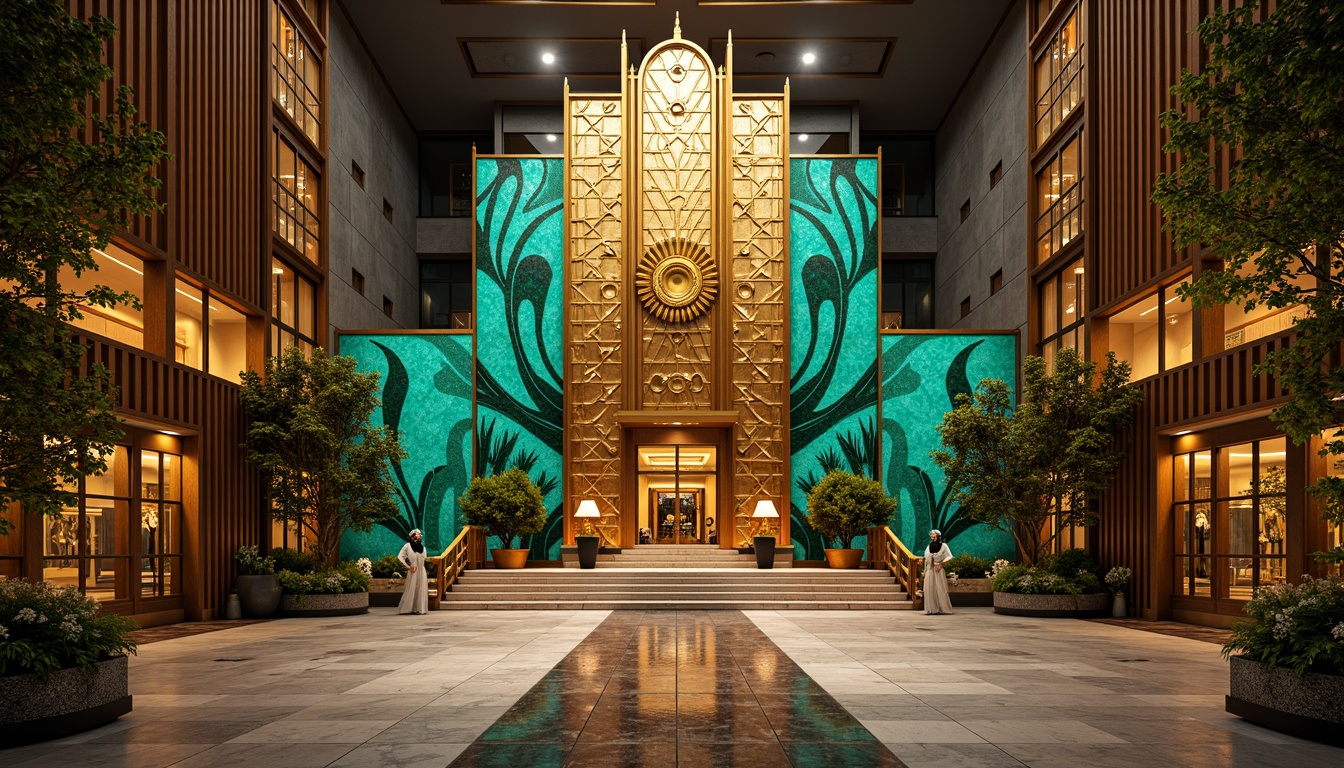 Prompt: Opulent Art Deco monument, lavish golden accents, rich bronze tones, vibrant turquoise mosaics, geometric patterns, ornate metalwork, luxurious marble surfaces, bold black outlines, stylized floral motifs, sunburst designs, zigzag patterns, metallic sheen, warm ambient lighting, shallow depth of field, 1/1 composition, symmetrical framing, high-contrast colors, intricate textures, realistic reflections.