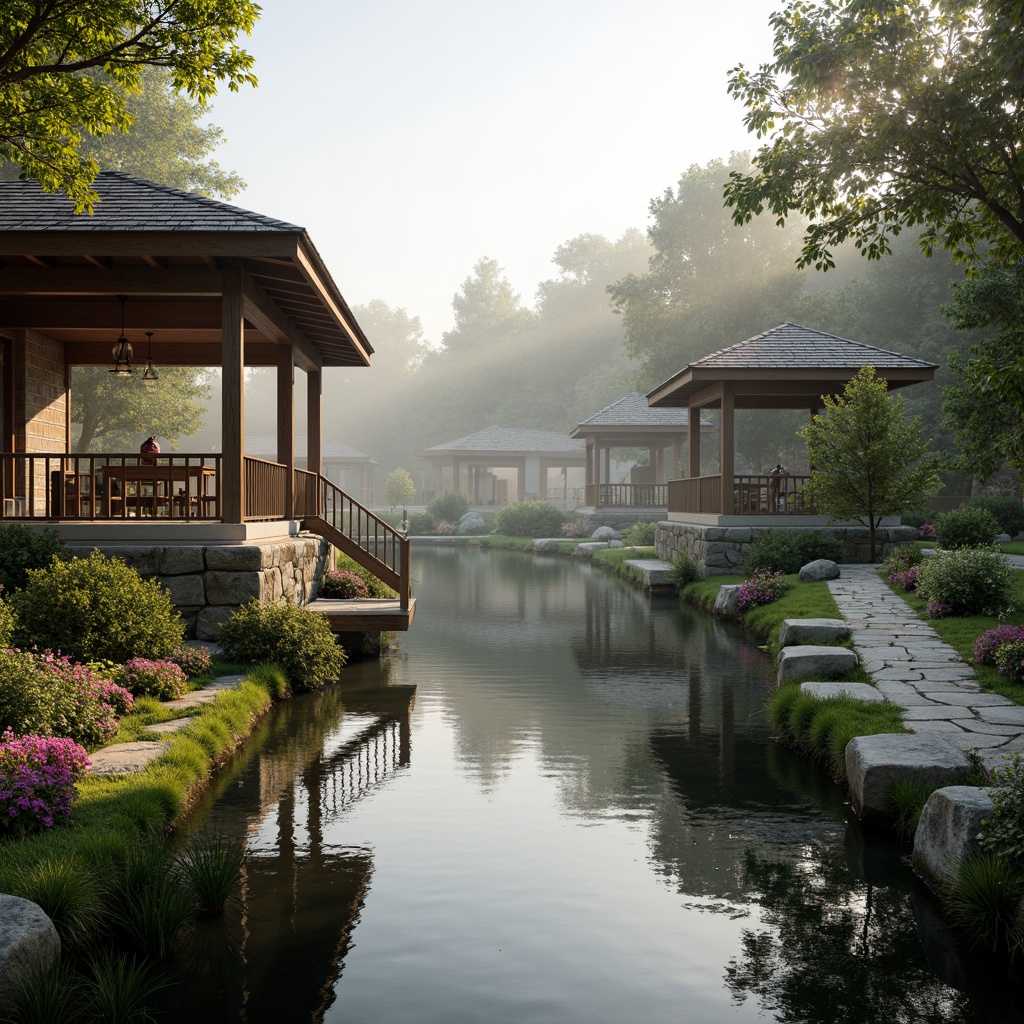 Prompt: Soft misty lake, serene water reflections, lush greenery, vibrant flowers, rustic wooden docks, weathered stone walls, charming gazebos, ornate metal railings, whimsical lanterns, warm golden lighting, shallow depth of field, 3/4 composition, panoramic view, realistic textures, ambient occlusion, earthy tone color palette, moss-covered stones, driftwood accents, soft blue-grey hues, creamy whites, warm beige tones, natural stone pathways, meandering boardwalks, tranquil atmosphere.