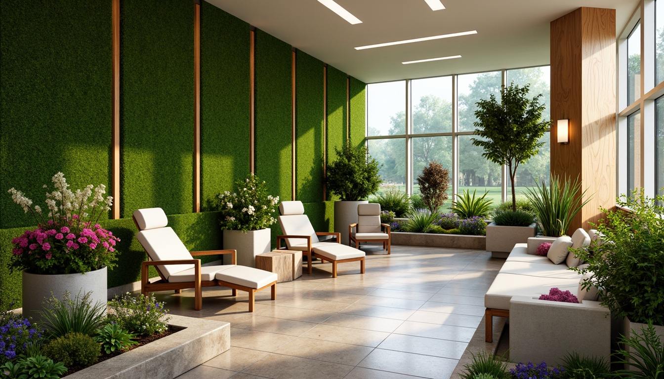 Prompt: Soothing dental clinic, lush green walls, natural stone flooring, wooden accents, calming water features, serene outdoor gardens, vibrant flower arrangements, modern minimalist furniture, large windows, abundant natural light, warm color scheme, cozy waiting areas, peaceful ambiance, shallow depth of field, 3/4 composition, realistic textures, ambient occlusion.