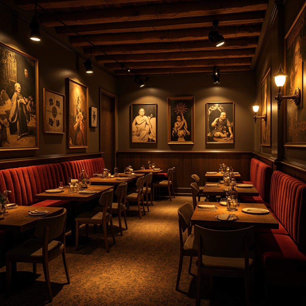 Prompt: Moody restaurant interior, warm golden lighting, soft shadows, dramatic spotlights, rich wood tones, luxurious velvet fabrics, ornate metal fixtures, eclectic art pieces, vintage decorative items, distressed textures, warm color palette, intimate ambiance, low-key illumination, cinematic atmosphere, 1/2 composition, shallow depth of field, realistic reflections, ambient occlusion.