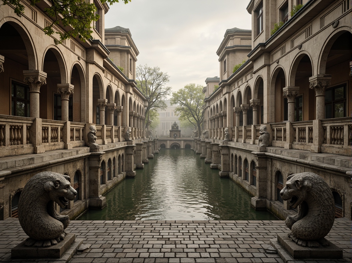 Prompt: Intricate stone carvings, ornate balustrades, grand arches, rustic stonework, weathered statues, mythological creatures, floral patterns, curved railings, decorative lamp posts, cobblestone roads, serene water reflections, soft warm lighting, misty morning atmosphere, 1/2 composition, symmetrical framing, realistic textures, ambient occlusion.