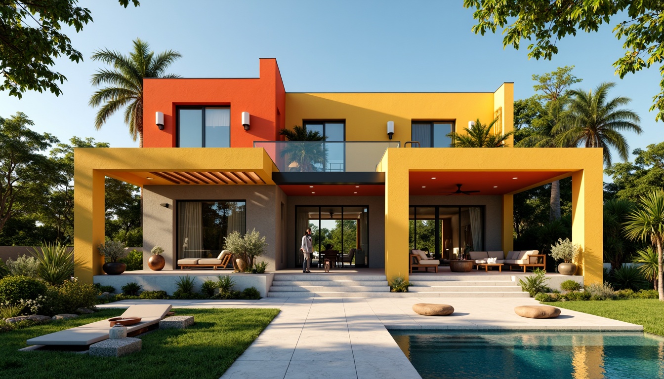 Prompt: Vibrant Bauhaus villa, geometric shapes, bold color blocks, primary colors, industrial materials, exposed concrete walls, steel beams, minimalist decor, functional furniture, abundant natural light, floor-to-ceiling windows, sliding glass doors, lush greenery surroundings, modernist landscape design, warm sunny day, high contrast lighting, shallow depth of field, 1/1 composition, realistic textures, ambient occlusion.