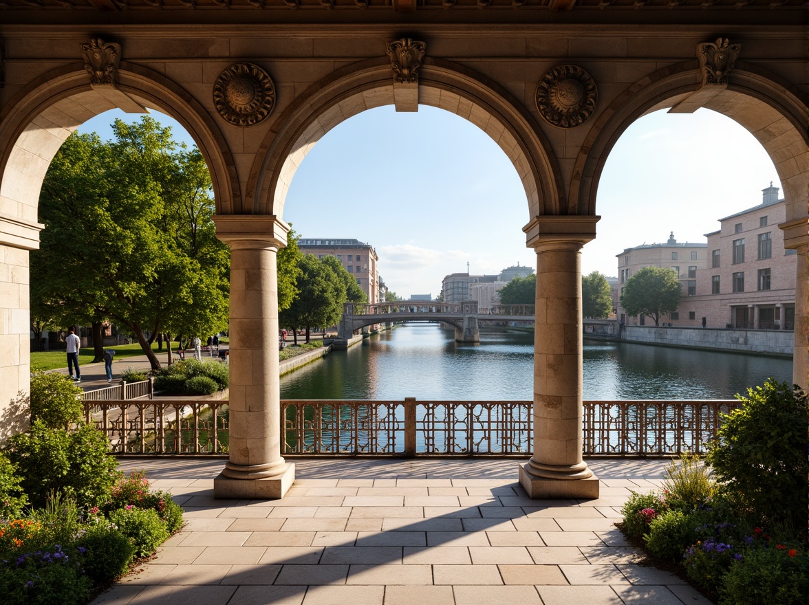 Prompt: Elegant archways, ornate stone carvings, rustic brick facades, grandiose bridge structures, serene water reflections, lush greenery, vibrant flowers, majestic river views, sunny day, soft warm lighting, shallow depth of field, 3/4 composition, panoramic view, realistic textures, ambient occlusion, Renaissance-inspired ornateness, classical columns, symmetrical architecture, decorative balustrades, intricate stonework, weathered copper details, ornate metal railings.