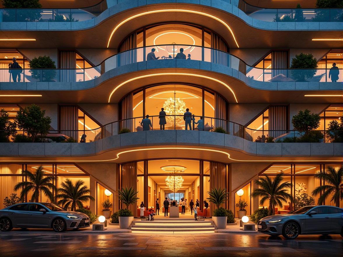 Prompt: Vibrant hotel facade, undulating curves, bold geometric shapes, dynamic asymmetry, rich ornamentation, luxurious materials, metallic accents, grand entrance, sweeping staircases, opulent chandeliers, lavish furnishings, intricate patterns, warm golden lighting, dramatic shadows, high-contrast textures, cinematic composition, 1/2 perspective, atmospheric mist, Expressionist-inspired architecture, avant-garde design elements, futuristic ambiance.