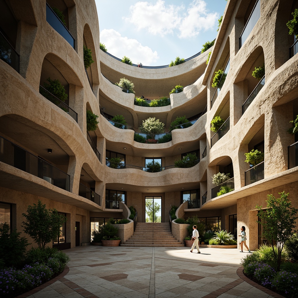 Prompt: Curved courthouse facade, undulating walls, bulbous columns, organic forms, natural stone textures, earthy color palette, lush green roofs, cantilevered structures, dramatic skylights, warm ambient lighting, soft focus, shallow depth of field, 2/3 composition, atmospheric perspective, realistic materials, subtle animations.