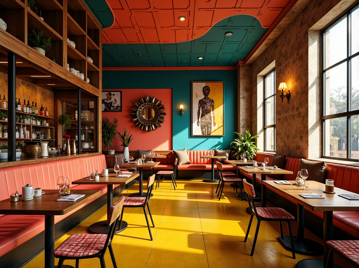 Prompt: Vibrant restaurant interior, expressionist art style, bold color palette, warm golden lighting, rich wood accents, eclectic furniture, abstract artwork, geometric patterns, bright coral walls, deep turquoise ceilings, sunny yellow floors, distressed metal decorations, reclaimed wood textures, industrial chic atmosphere, dramatic shadows, high contrast ratio, 1/2 composition, cinematic lighting, realistic reflections.