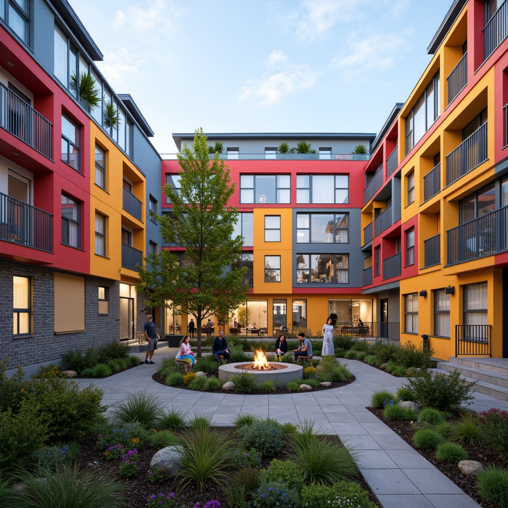 Prompt: Vibrant student dormitory, modern facade design, bold color blocking, large windows, natural stone cladding, metal railings, green roofs, solar panels, outdoor seating areas, landscaped courtyards, pedestrian walkways, bike racks, communal kitchens, cozy lounges, minimalist decor, soft warm lighting, shallow depth of field, 3/4 composition, panoramic view, realistic textures, ambient occlusion.