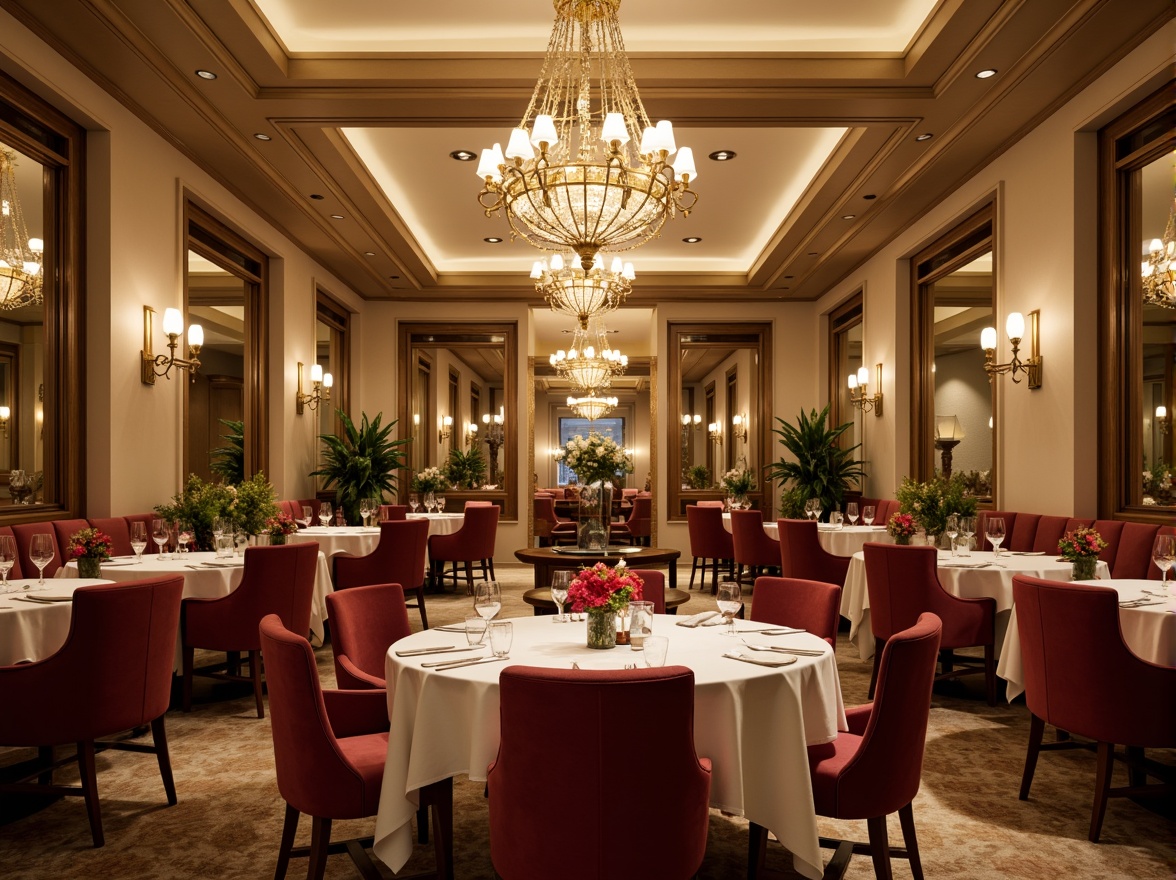 Prompt: Elegant dining hall, luxurious chandeliers, rich wood tones, warm beige walls, soft cream accents, velvety red upholstery, golden metal fixtures, sophisticated neutral colors, intimate candlelight, dramatic high ceilings, ornate mirrors, lavish furnishings, opulent fabrics, refined atmosphere, warm inviting ambiance, shallow depth of field, 1/1 composition, realistic textures, ambient occlusion.