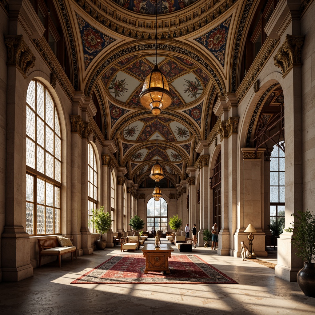 Prompt: Intricate stone carvings, ornate arches, grand domes, vibrant mosaics, golden accents, rich tapestries, luxurious furnishings, ornamental lanterns, majestic columns, marble floors, high ceilings, stained glass windows, warm candlelight, soft shadows, 1/1 composition, symmetrical framing, realistic textures, ambient occlusion.