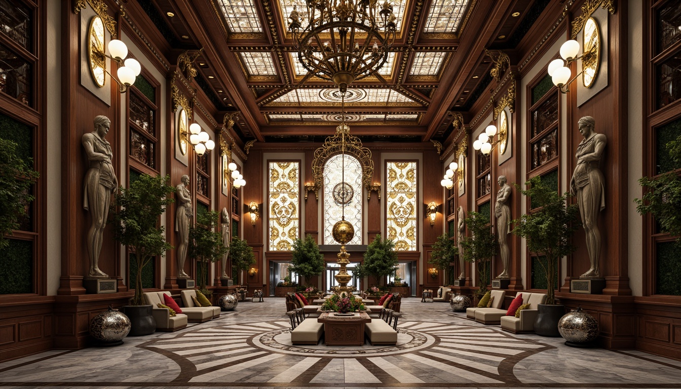 Prompt: Intricate geometric patterns, ornate metalwork, luxurious marble surfaces, grandiose statues, symmetrical compositions, opulent chandeliers, lavish mosaics, bold typography, stylized florals, zigzag motifs, chevron designs, sunburst patterns, metallic accents, polished chrome details, rich jewel tones, dramatic lighting effects, low-angle photography, cinematic atmosphere, high-contrast rendering, detailed textures, realistic reflections.