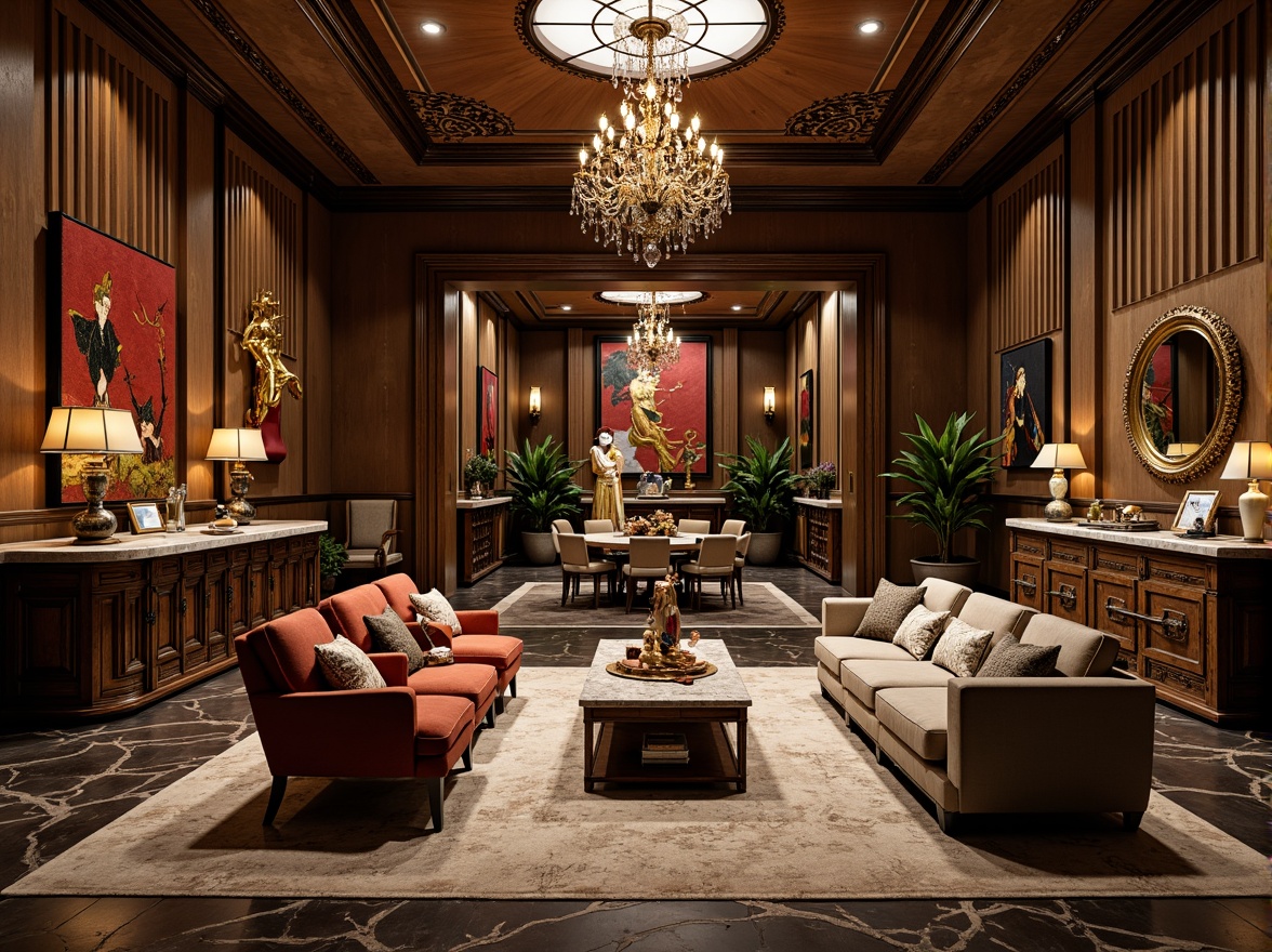 Prompt: Luxurious interior space, ornate furnishings, intricate carvings, lavish fabrics, metallic accents, crystal chandeliers, marble countertops, rich wood tones, plush area rugs, statement walls, bold color schemes, eclectic artwork, sculptural decor, opulent textures, dramatic lighting effects, warm ambient glow, shallow depth of field, 1/1 composition, realistic reflections, high-contrast rendering.