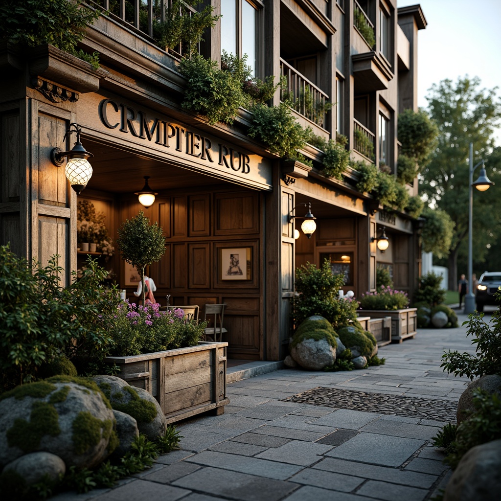 Prompt: Rustic pub exterior, ornate Baroque-style fa\u00e7ade, lush greenery, overflowing flower boxes, distressed wooden accents, vintage lanterns, meandering stone pathways, natural rock formations, moss-covered statues, whimsical topiaries, soft warm lighting, golden hour ambiance, shallow depth of field, 1/2 composition, intimate atmosphere, realistic textures, ambient occlusion.