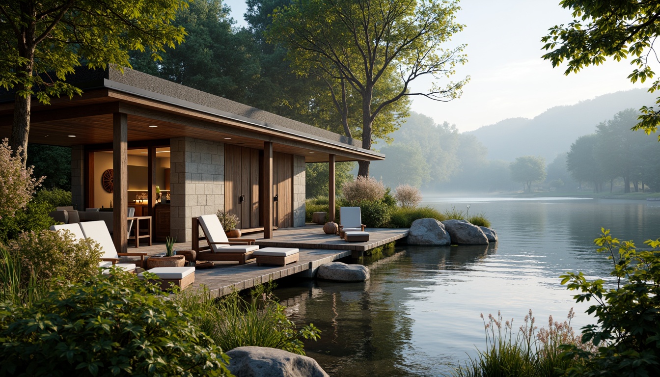 Prompt: Waterfront boathouse, rustic wooden docks, serene lake views, lush greenery, vibrant flowers, natural stone walls, wooden accents, nautical decorations, cozy interior spaces, warm lighting, shallow depth of field, 3/4 composition, panoramic view, realistic textures, ambient occlusion, tranquil atmosphere, soft misty morning, gentle lapping water sounds.