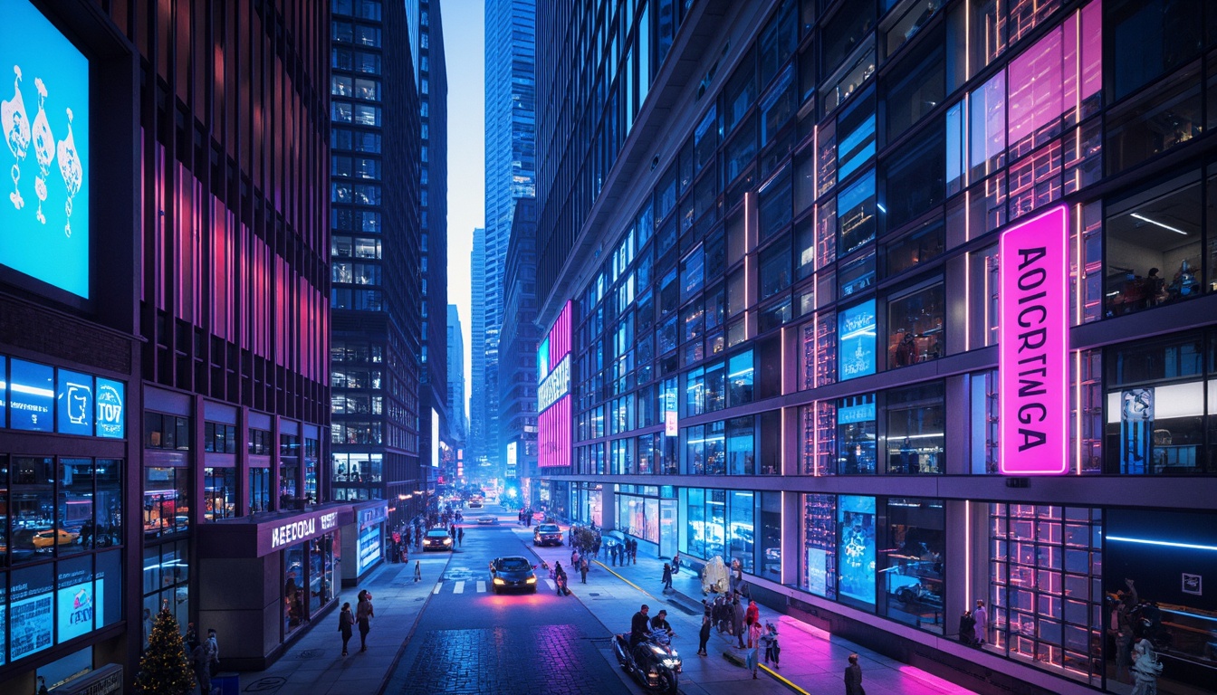 Prompt: Futuristic skyscrapers, neon-lit cityscapes, metallic surfaces, iridescent hues, LED light installations, holographic projections, cyberpunk aesthetics, sleek glass facades, angular lines, minimalist design, vibrant color accents, electric blue tones, hot pink highlights, neon green strips, chrome finishes, mirror-like reflections, high-gloss materials, luminescent textures, 3D modeling, futuristic urban planning, virtual reality integration, augmented reality experiences, panoramic city views, low-poly geometry, atmospheric lighting, cinematic compositions.