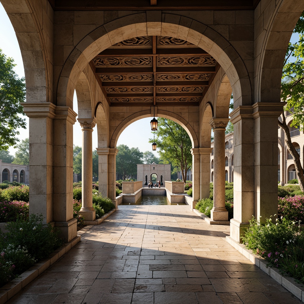 Prompt: Rustic stone archways, ornate carvings, grandiose bridges, serene water reflections, lush greenery, vibrant flowers, majestic pillars, classical balustrades, intricate stonework, weathered brick surfaces, ornamental lanterns, soft warm lighting, shallow depth of field, 3/4 composition, panoramic view, realistic textures, ambient occlusion.