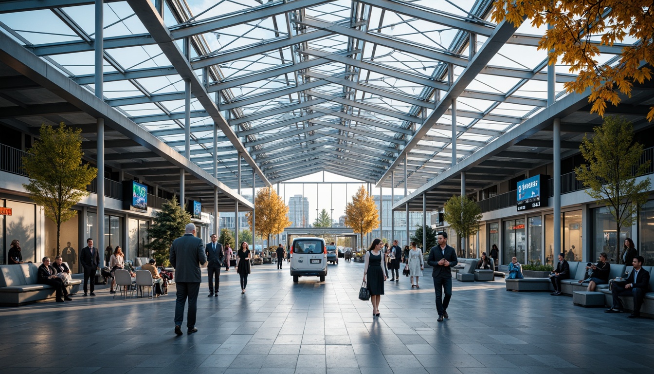 Prompt: Modern bus station interior, sleek metal framework, glass roofs, natural light pouring in, efficient passenger flow, clear signage, digital displays, comfortable seating areas, ample legroom, charging stations, minimalist decor, industrial-style flooring, urban atmosphere, busy morning commute, soft overhead lighting, shallow depth of field, 1/1 composition, realistic textures, ambient occlusion.