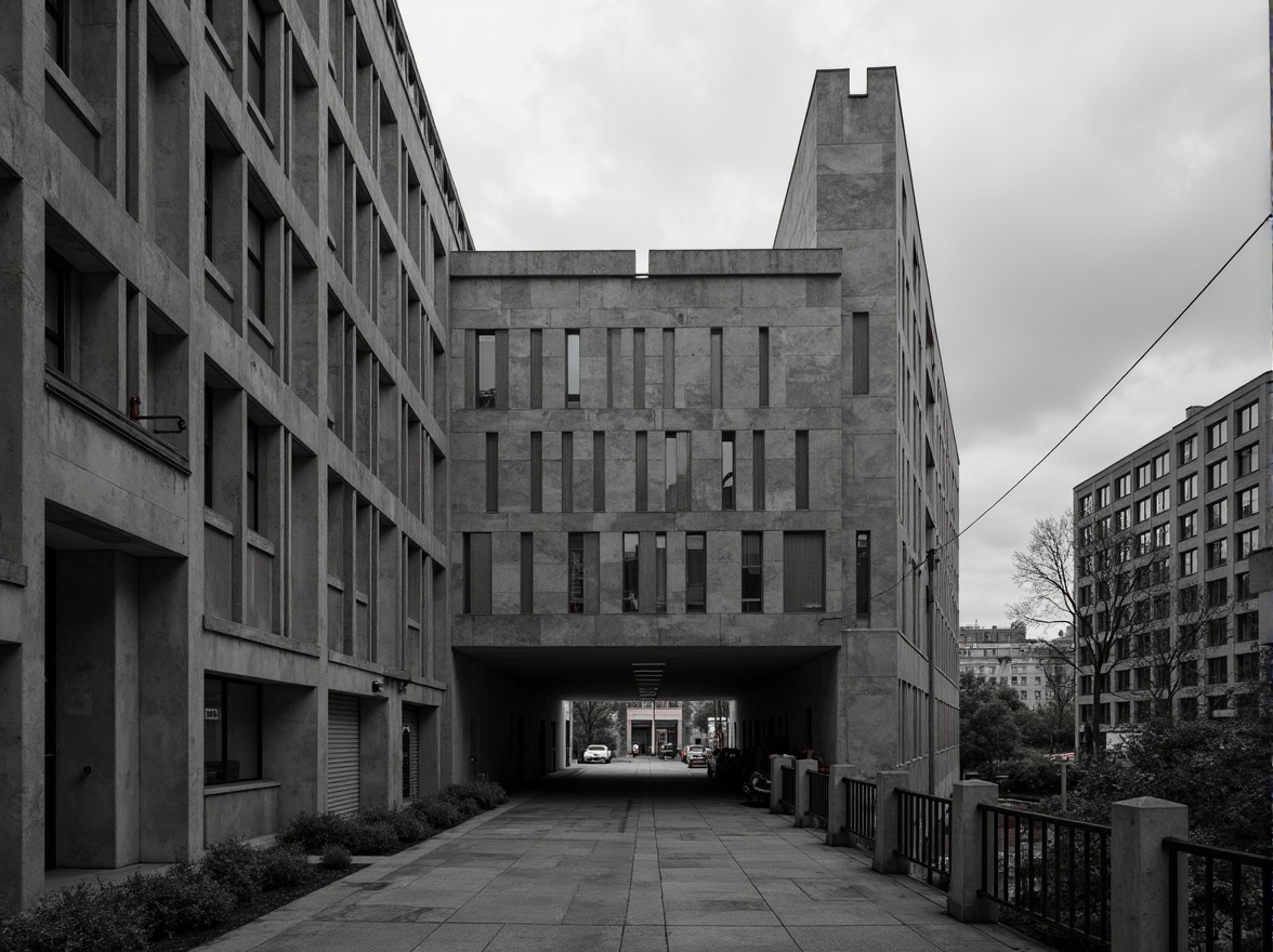 Prompt: Rugged brutalist facade, raw concrete textures, fortress-like structure, angular geometries, monumental scale, urban cityscape, overcast sky, dramatic shadows, bold architectural forms, exposed ductwork, industrial materials, functional minimalism, repetitive rhythms, abstract patterns, cold monochromatic color palette, high-contrast lighting, cinematic composition, atmospheric perspective, gritty realistic rendering.