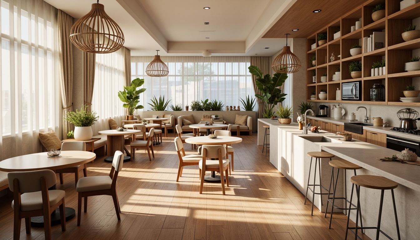 Prompt: Cozy dining area, warm wooden flooring, elegant chandeliers, comfortable seating arrangements, circular tables, plush cushions, soft pastel colors, natural textiles, minimalist decor, functional shelving units, modern kitchen appliances, sleek countertops, pendant lighting fixtures, open-plan layout, airy atmosphere, abundant natural light, shallow depth of field, 1/1 composition, realistic reflections, ambient occlusion.