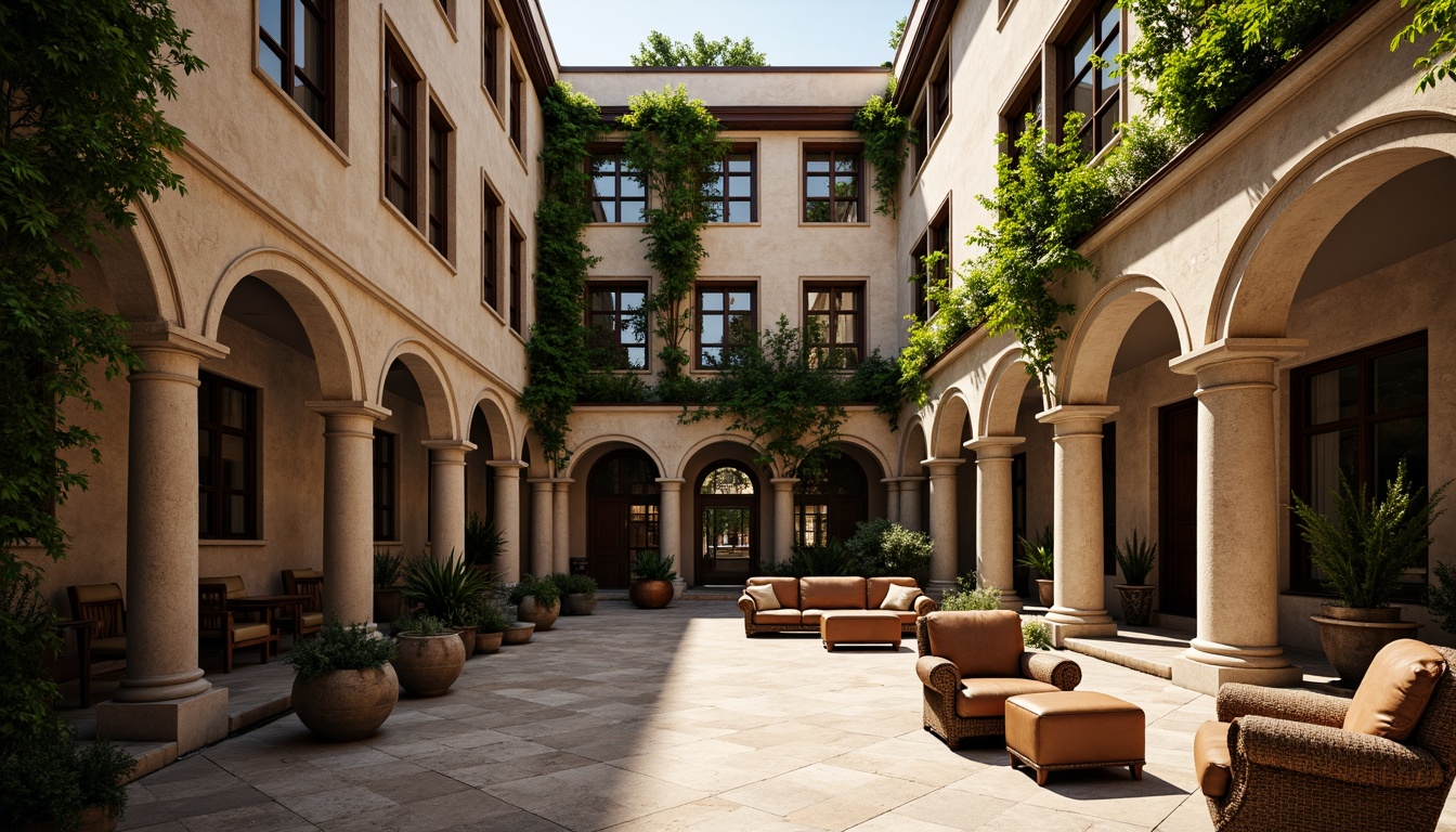 Prompt: Traditional university buildings, ivy-covered walls, ornate stone carvings, rich wood tones, warm beige stucco, classic columns, elegant archways, sophisticated neutral colors, earthy brown furniture, vintage leather-bound books, subtle golden accents, soft natural lighting, shallow depth of field, 1/1 composition, realistic textures, ambient occlusion.