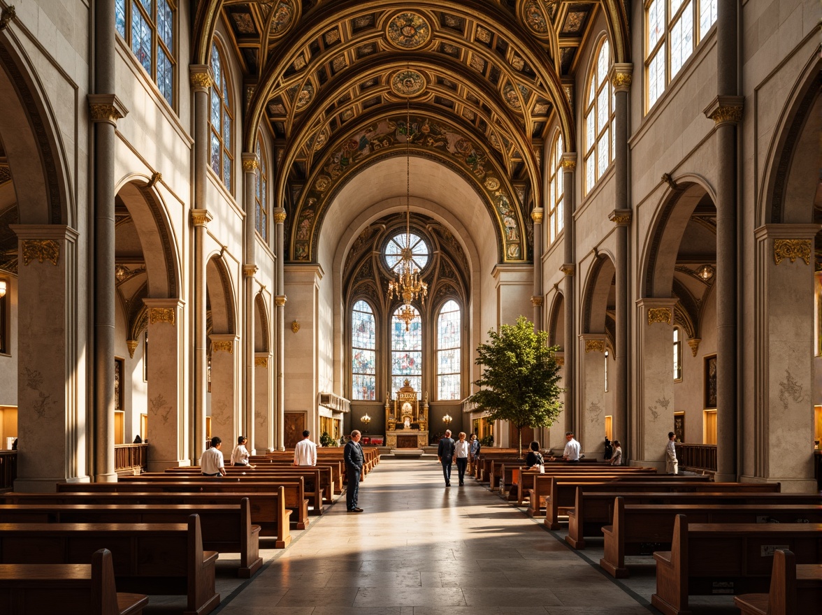 Prompt: Majestic cathedral, ornate stained glass windows, golden accents, rich wood tones, cream-colored stone walls, intricate carvings, vaulted ceilings, grandiose chandeliers, soft warm lighting, subtle shadows, 1/1 composition, symmetrical architecture, classical columns, arches, domes, subtle texture overlays, realistic reflections, ambient occlusion.