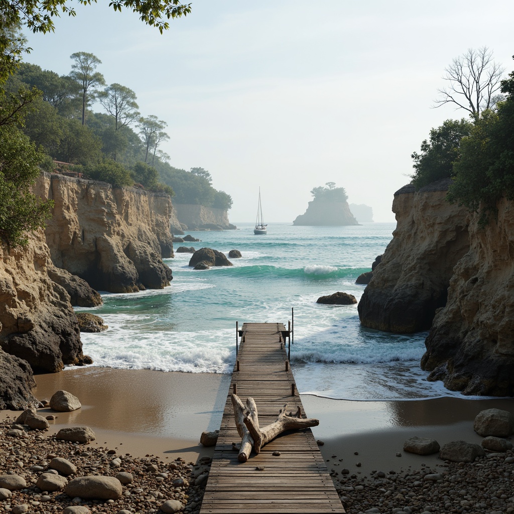 Prompt: Rugged coastline, weathered wooden docks, driftwood sculptures, ocean-worn pebbles, sea-salt air, misty mornings, warm sandy beaches, rustic beach huts, distressed wood accents, coral-inspired patterns, turquoise ocean views, sailboat silhouettes, seagull cries, soft morning light, high contrast shadows, 1/2 composition, atmospheric perspective, realistic wave simulations.