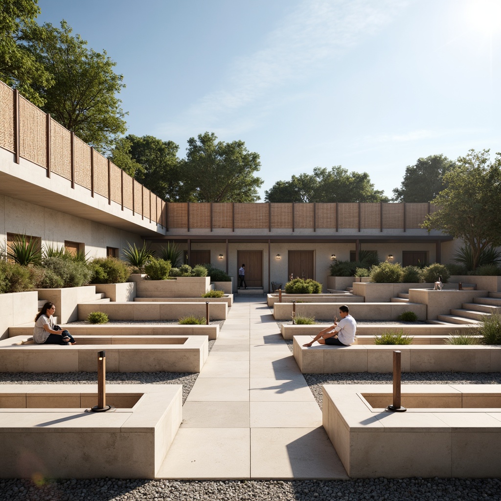 Prompt: Minimalist amphitheater, natural stone seating, sleek metal railings, polished concrete floors, simple wooden benches, subtle LED lighting, open sky above, warm sunny day, soft shadows, shallow depth of field, 3/4 composition, panoramic view, realistic textures, ambient occlusion, weathered steel accents, industrial-style lamps, geometric-shaped planters, sparse greenery, gravel pathways, modern minimalist architecture, clean lines, monochromatic color scheme.