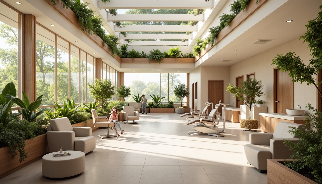 Prompt: Spacious dental clinic, natural ventilation systems, large windows, clerestory windows, skylights, green roofs, living walls, air-purifying plants, calming ambiance, soft diffused lighting, warm beige tones, minimalist decor, ergonomic furniture, stainless steel equipment, modern dental chairs, gentle color scheme, soothing atmosphere, shallow depth of field, 1/1 composition, realistic textures, ambient occlusion.