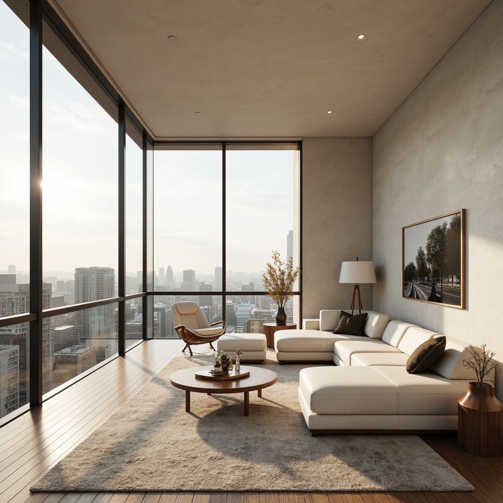 Prompt: Luxurious penthouse, modern minimalist decor, neutral color scheme, creamy whites, rich woods, metallic accents, floor-to-ceiling windows, breathtaking city views, soft warm lighting, 1/1 composition, shallow depth of field, realistic textures, ambient occlusion.