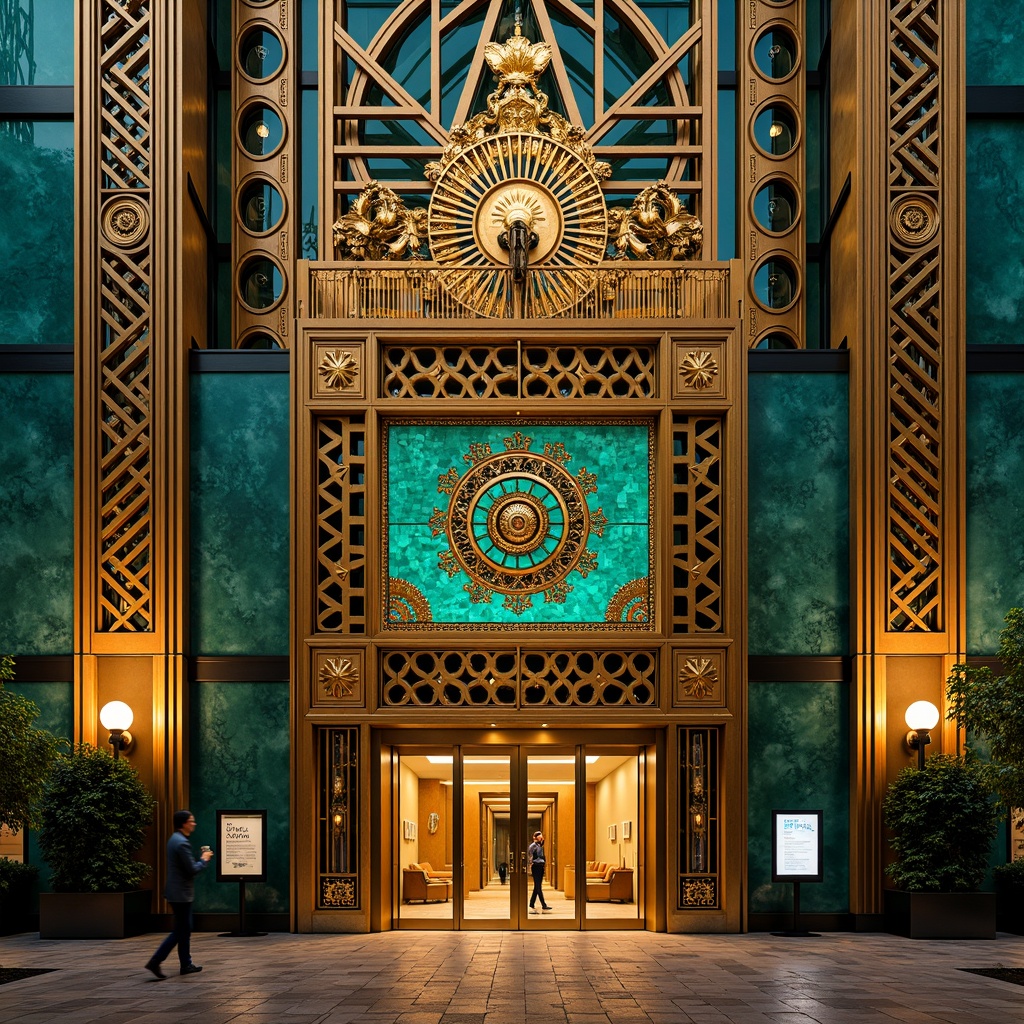 Prompt: Opulent Art Deco monument, lavish golden accents, rich bronze tones, vibrant turquoise mosaics, geometric patterns, ornate metalwork, luxurious marble surfaces, bold black outlines, stylized floral motifs, sunburst designs, zigzag patterns, metallic sheen, warm ambient lighting, shallow depth of field, 1/1 composition, symmetrical framing, high-contrast colors, intricate textures, realistic reflections.