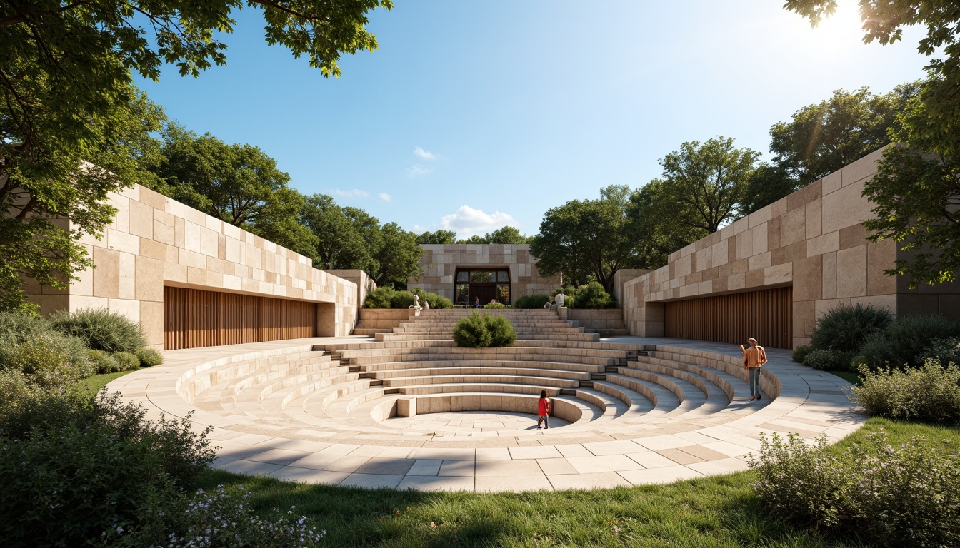 Prompt: Natural stone amphitheater, tiered seating, lush greenery surroundings, warm sunny day, clear blue sky, gentle breeze, sound-reflecting surfaces, acoustic panels, optimized speaker placement, curved lines, minimalist design, rustic wooden accents, earthy color palette, soft warm lighting, shallow depth of field, 3/4 composition, panoramic view, realistic textures, ambient occlusion.