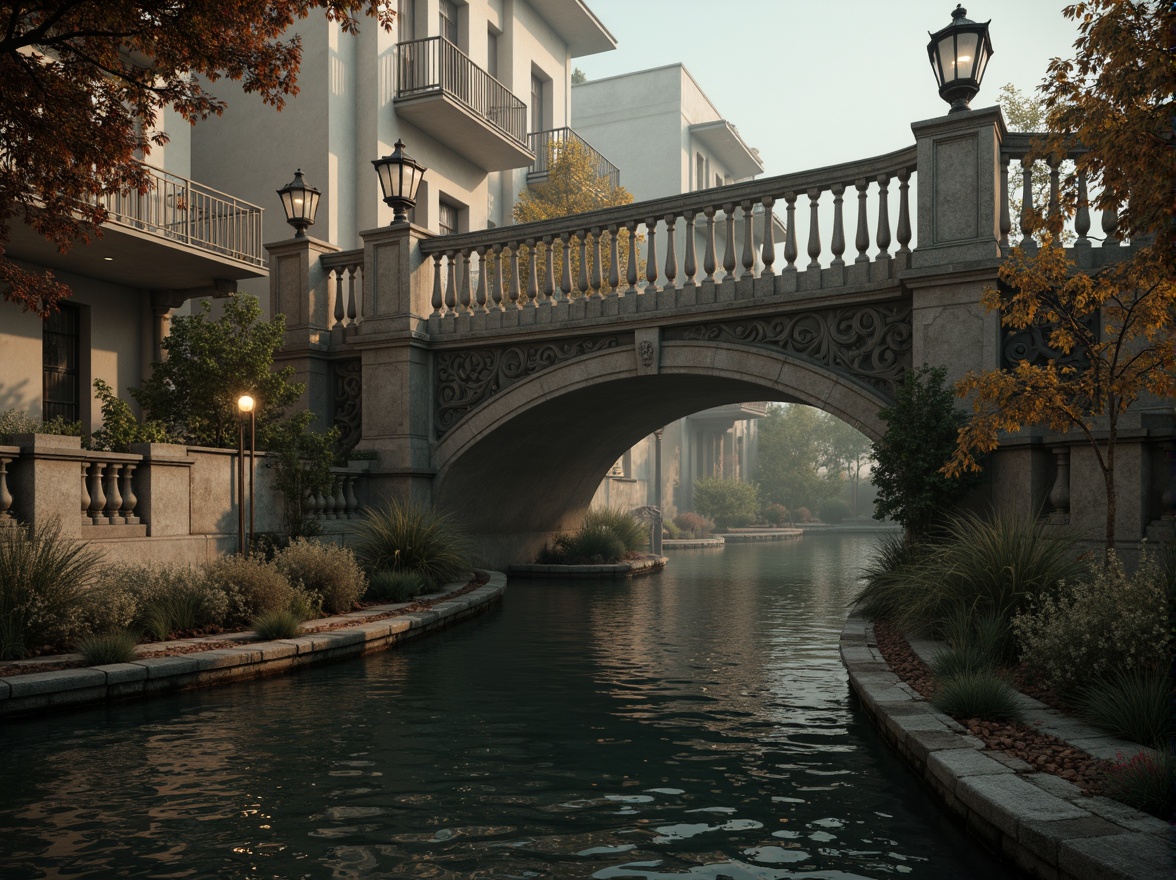 Prompt: Ornate balustrades, intricately carved stone railings, grandiose bridge architecture, sweeping curves, majestic arches, ornamental lanterns, decorative metalwork, rustic stonework, moss-covered surfaces, serene water reflections, soft warm lighting, misty atmosphere, shallow depth of field, 1/2 composition, realistic textures, ambient occlusion.