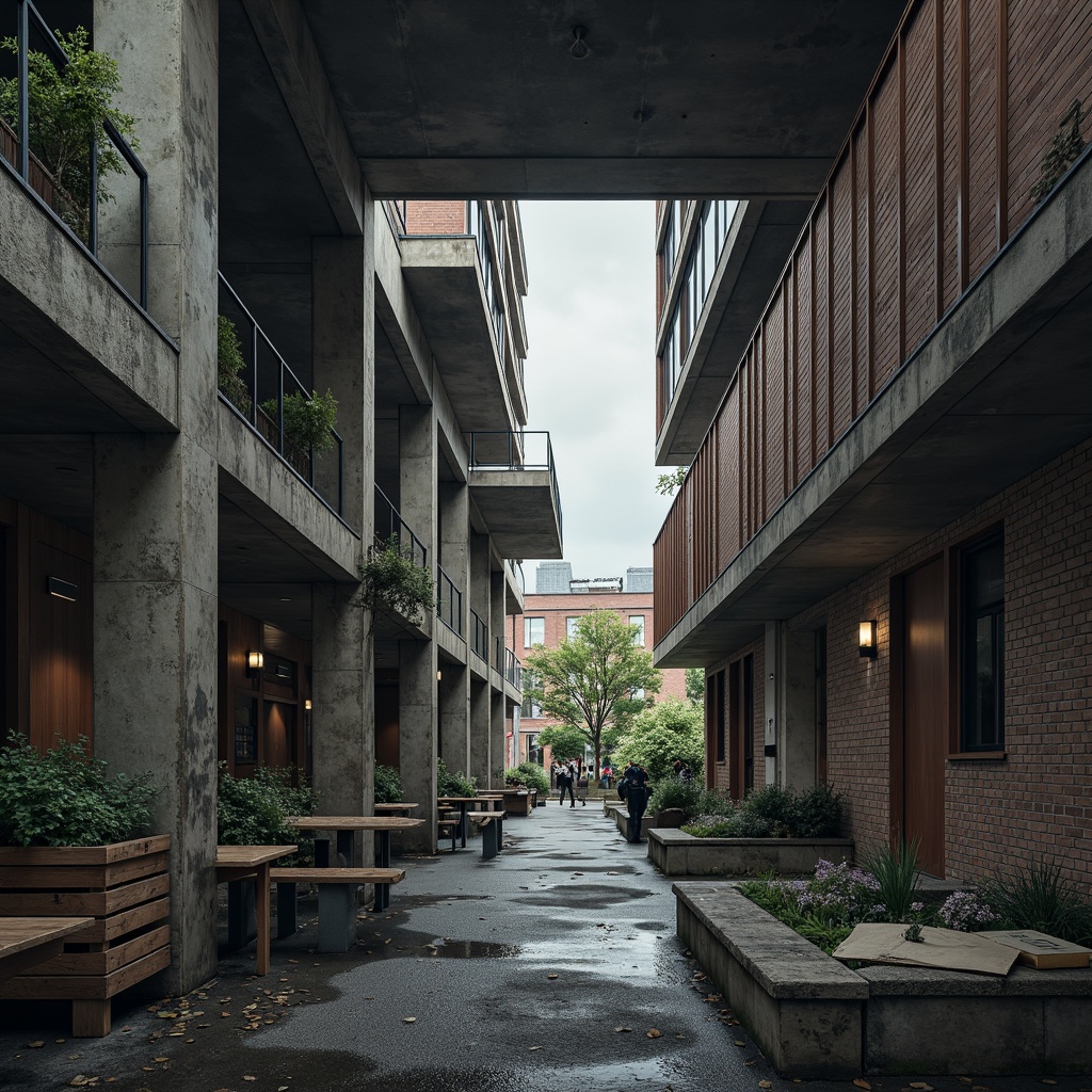 Prompt: Rough concrete walls, exposed ductwork, industrial metal beams, raw brick facades, brutalist fortress-like structures, rugged stone foundations, distressed wood accents, weathered steel surfaces, urban cityscape backdrop, overcast skies, dramatic shadows, high-contrast lighting, cinematic composition, gritty realistic textures, ambient occlusion.