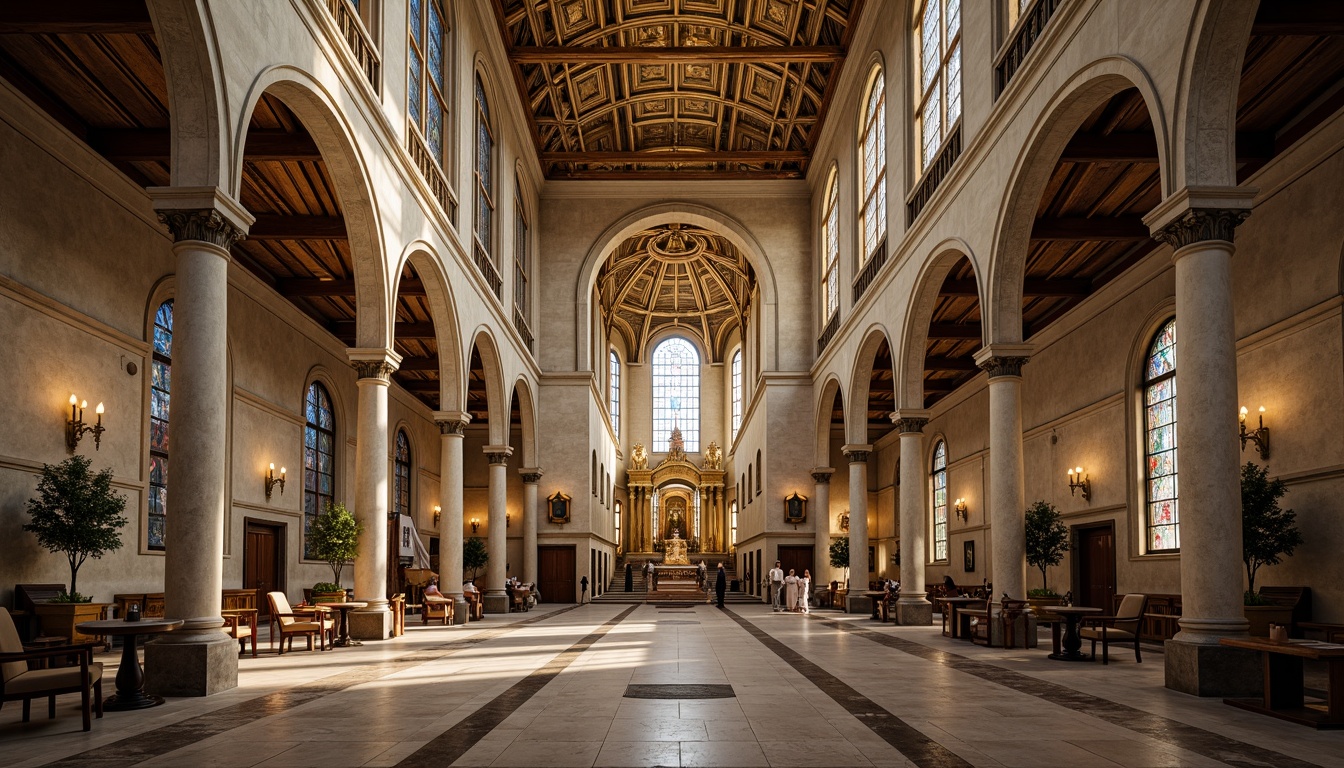 Prompt: Grand cathedral, symmetrical facade, ornate stone carvings, stained glass windows, vaulted ceilings, intricate mosaics, golden domes, classical columns, arches, pediments, grand entrance, marble floors, solemn atmosphere, soft warm lighting, shallow depth of field, 1/1 composition, central perspective, realistic textures, ambient occlusion.