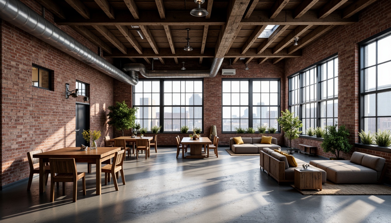 Prompt: Exposed brick walls, metal beams, reclaimed wood accents, industrial-style lighting fixtures, concrete floors, urban cityscape views, converted warehouse spaces, modern minimalist decor, functional pipes and ductwork, distressed textures, neutral color palette, high ceilings, open floor plans, eclectic vintage furniture, Edison bulb pendants, steel windows, brutalist architecture, dramatic shadows, low-key ambient lighting, 1/1 composition, realistic renderings.