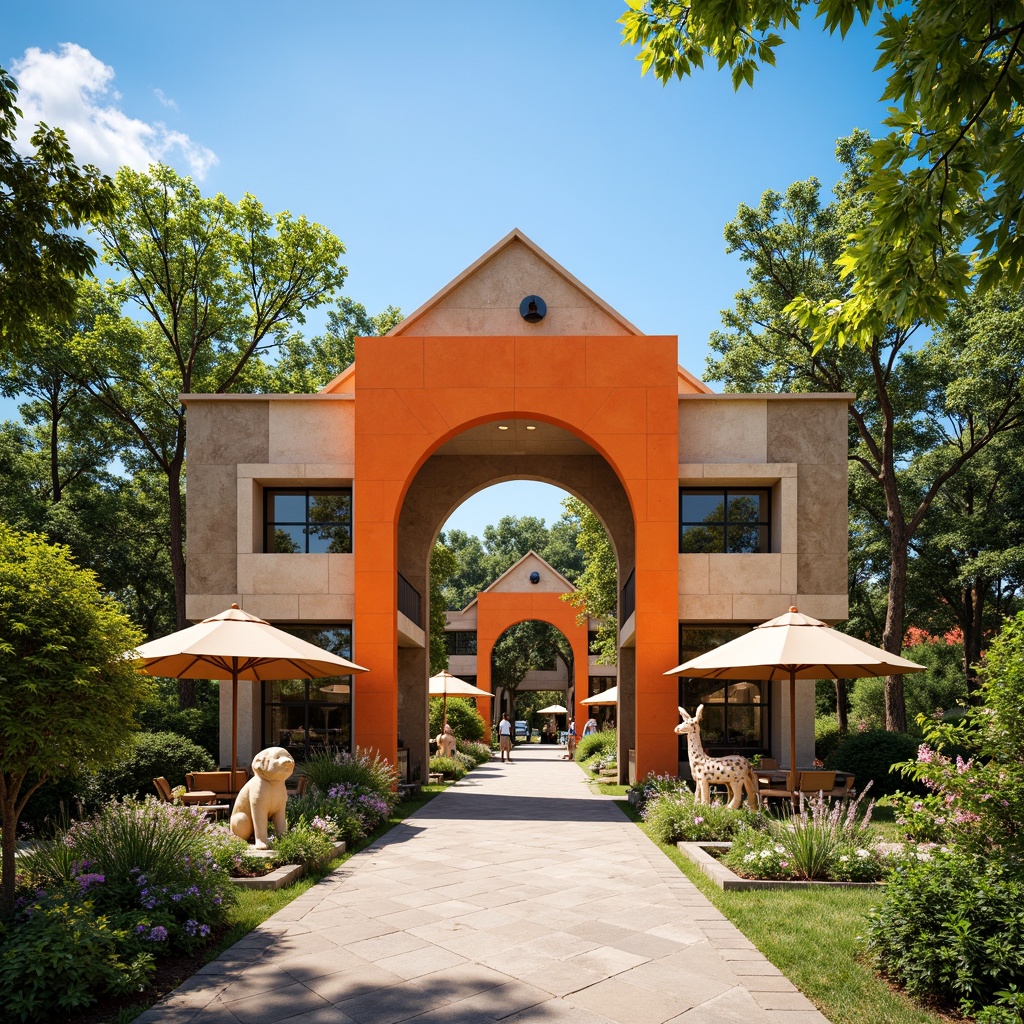 Prompt: Vibrant zoo entrance, constructivist architecture, bold geometric shapes, bright primary colors, playful animal sculptures, intricate metalwork, natural stone walls, lush greenery, tropical plants, exotic flowers, sunny day, warm soft lighting, shallow depth of field, 3/4 composition, panoramic view, realistic textures, ambient occlusion.