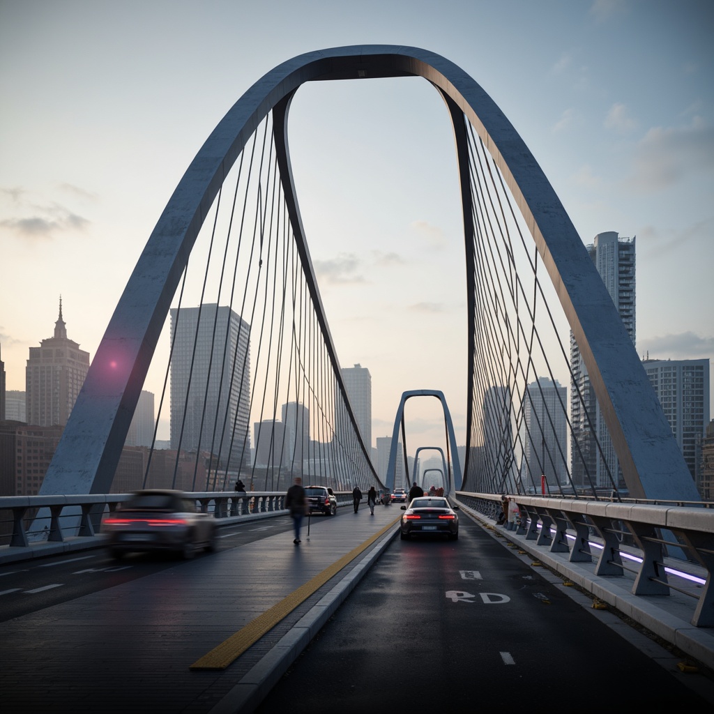 Prompt: Futuristic bridge, sleek metallic arches, suspension cables, LED lighting systems, urban cityscape, misty morning atmosphere, soft warm glow, shallow depth of field, 3/4 composition, panoramic view, realistic reflections, ambient occlusion, fusion architecture, curved lines, geometric shapes, modern materials, high-strength concrete, steel reinforcements, innovative structural systems, cantilevered sections, asymmetrical design, dynamic visual effects, vibrant colorful accents, intricate patterns, futuristic urban planning.