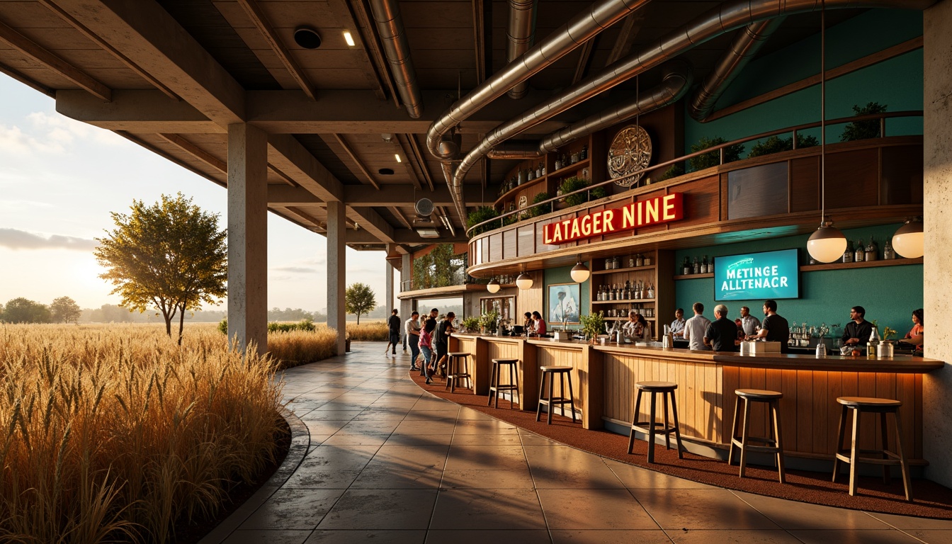 Prompt: Warm beige wheat fields, futuristic pub architecture, metallic accents, neon lights, glowing signage, rustic wooden textures, industrial pipes, distressed concrete walls, vibrant turquoise accents, soft golden lighting, shallow depth of field, 1/1 composition, cinematic atmosphere, realistic reflections, ambient occlusion.