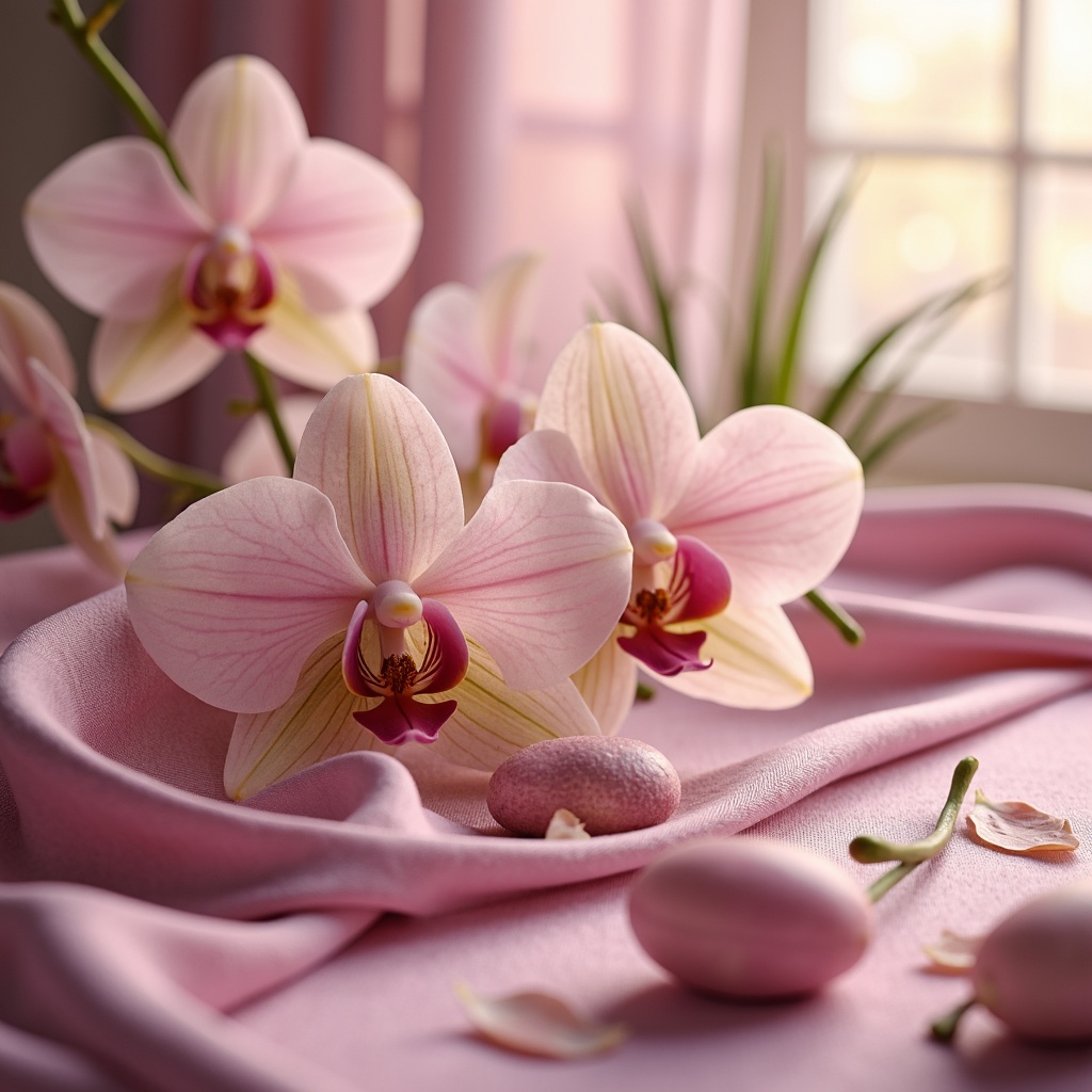 Prompt: Exquisite orchid-inspired color palette, soft pastel hues, delicate petals, subtle sheen, luxurious fabrics, velvety textures, whimsical patterns, elegant florals, refined lines, sophisticated ambiance, warm golden lighting, shallow depth of field, 1/1 composition, realistic renderings, ambient occlusion.