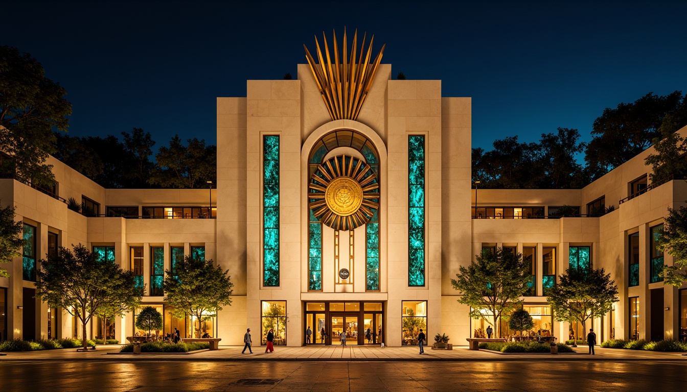 Prompt: Opulent Art Deco monument, lavish gold accents, rich bronze tones, luxurious marble surfaces, vibrant turquoise mosaics, bold geometric patterns, ornate metalwork details, sunburst motifs, stylized floral designs, metallic silver highlights, creamy ivory hues, warm beige stone textures, dramatic nighttime illumination, soft golden lighting, shallow depth of field, 1/1 composition, symmetrical framing, high-contrast rendering.