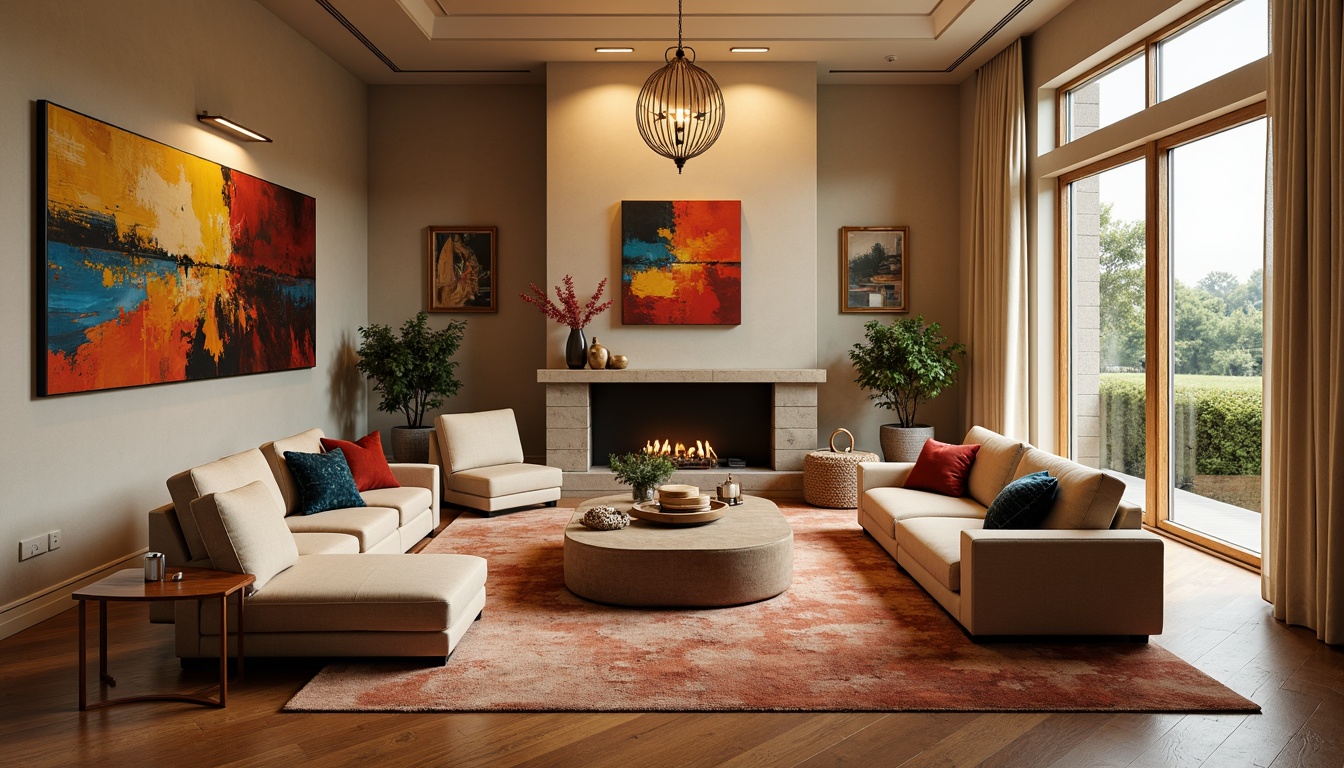 Prompt: Cozy living room, plush sofas, velvet armchairs, warm beige walls, rich wood flooring, soft golden lighting, elegant chandeliers, modern minimalist decor, vibrant colorful artwork, comfortable throw pillows, luxurious rugs, floor-to-ceiling windows, natural stone fireplaces, sleek metal accents, sophisticated color palette, inviting atmosphere, shallow depth of field, 1/1 composition, realistic textures, ambient occlusion.