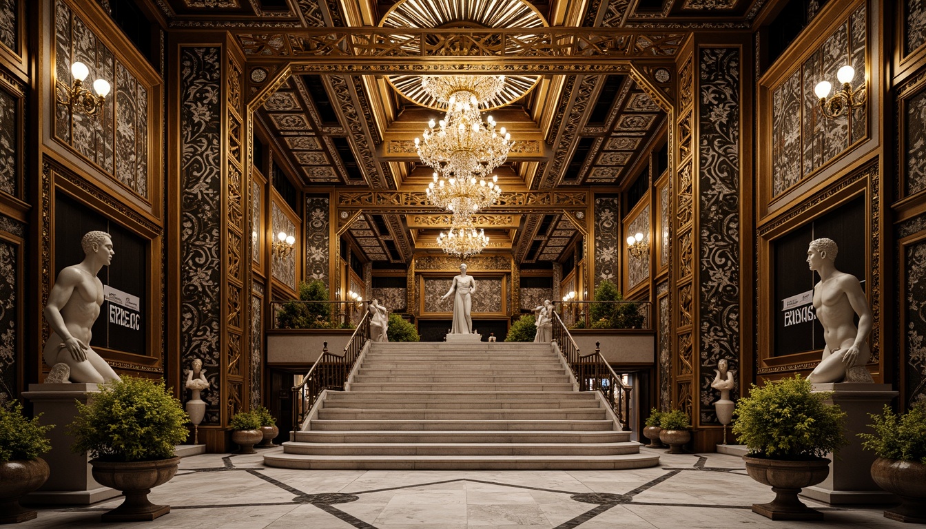 Prompt: Intricate geometric patterns, ornate metalwork, luxurious marble surfaces, grandiose statues, symmetrical compositions, opulent chandeliers, lavish mosaics, bold typography, stylized florals, zigzag motifs, chevron designs, metallic accents, glossy finishes, sunburst patterns, stepped silhouettes, monumental scale, dramatic lighting, low-angle view, cinematic composition, high-contrast colors, ornate fountains, grand staircases.