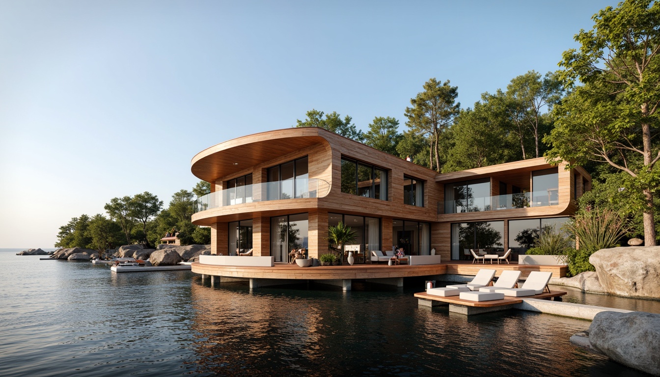 Prompt: Waterfront boathouse, international style, curved rooflines, wooden accents, nautical elements, sailboat-inspired design, ocean views, seaside atmosphere, rustic wood decking, rope railings, porthole windows, copper roofing, greenery overhangs, natural stone foundations, modern minimalist interior, large skylights, soft warm lighting, shallow depth of field, 1/1 composition, realistic textures, ambient occlusion.