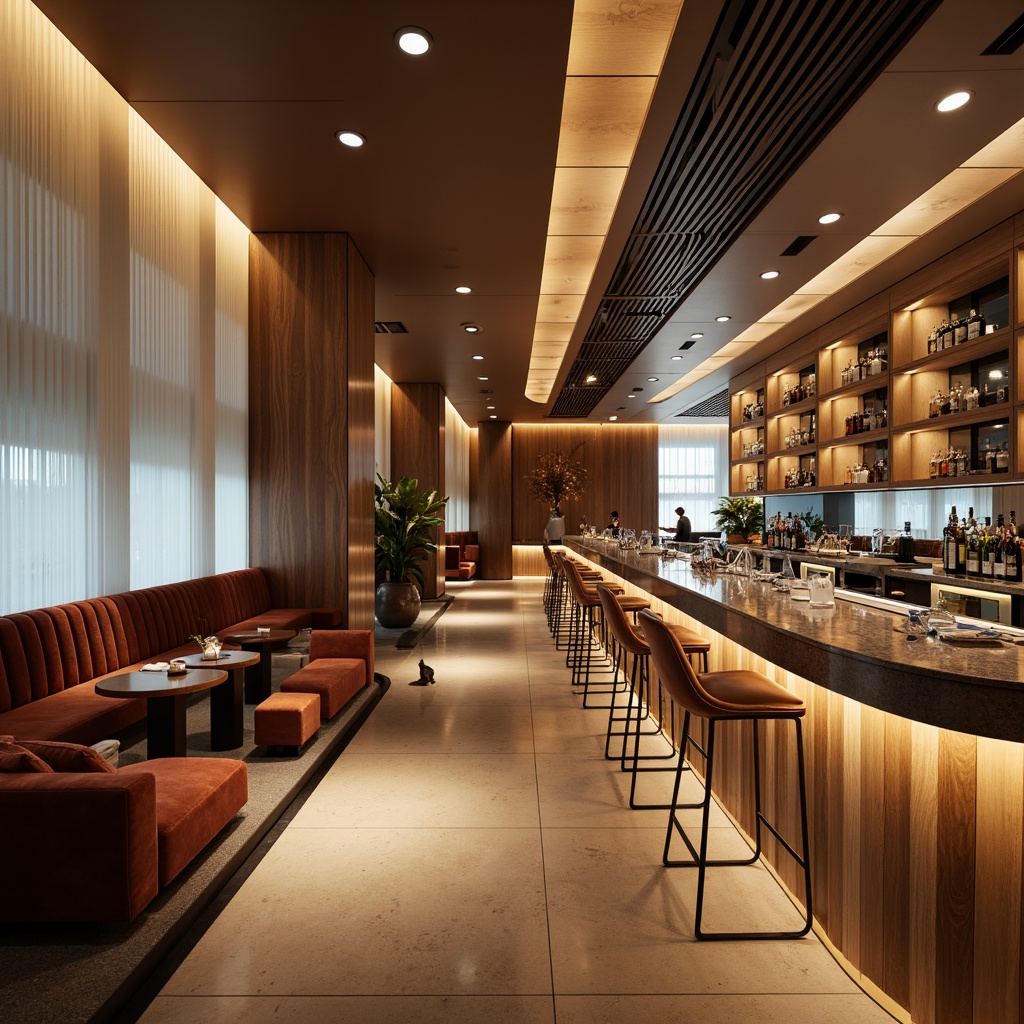 Prompt: Sleek bar interior, polished chrome accents, rich walnut wood, luxurious velvet upholstery, metallic silver lighting fixtures, frosted glass partitions, minimalist decor, modern streamline architecture, curved lines, geometric shapes, high-gloss finishes, ambient LED lighting, warm beige tones, sophisticated atmosphere, 1/1 composition, shallow depth of field, soft focus blur.