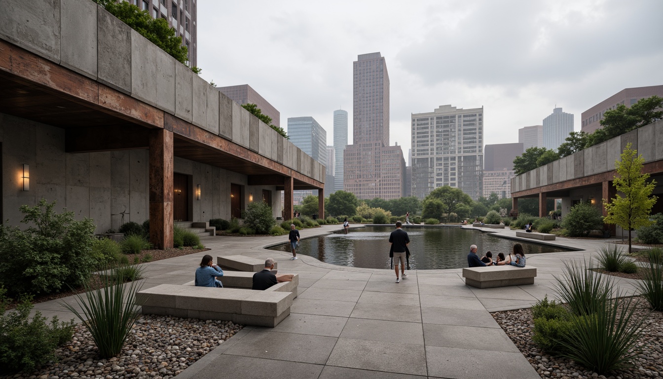 Prompt: Rugged brutalist architecture, industrial concrete walls, weathered steel beams, raw stone accents, minimalist water features, sparse greenery, drought-resistant plants, gravel pathways, angular benches, modern sculptures, abstract art installations, urban cityscape, overcast skies, dramatic shadows, high-contrast lighting, cinematic composition, gritty textures, atmospheric fog.