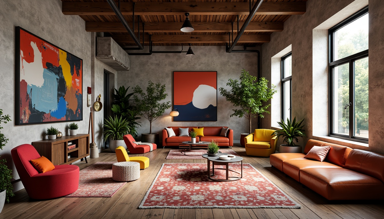 Prompt: Vibrant artistic studio, eclectic furniture, bold color blocking, contrasting textures, abstract artwork, statement lighting fixtures, industrial metal accents, reclaimed wood floors, bohemian-inspired rugs, natural stone walls, oversized windows, soft warm glow, shallow depth of field, 1/1 composition, realistic renderings, ambient occlusion.