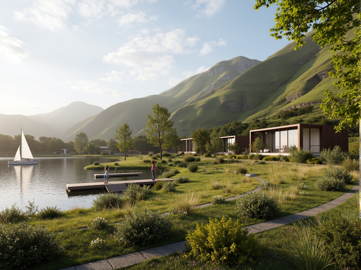 Prompt: Rolling hills, lush green meadows, serene lakeside, wooden docks, sailboats, misty morning, warm sunlight, soft focus, shallow depth of field, 3/4 composition, panoramic view, realistic textures, ambient occlusion, modern eco-friendly architecture, sustainable design, natural stone walls, reclaimed wood accents, floor-to-ceiling windows, sliding glass doors, minimalist interior, organic shapes, earthy color palette, seamless integration with nature.