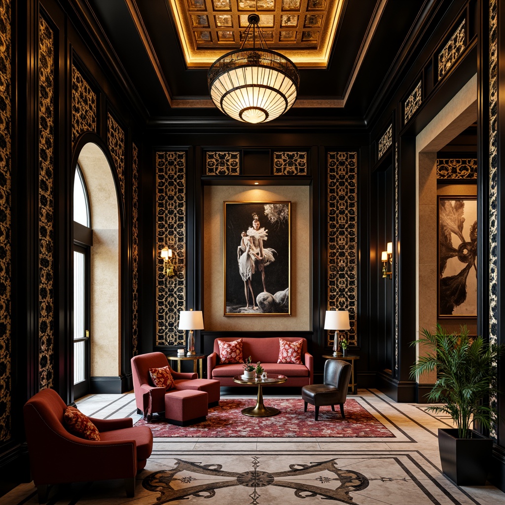 Prompt: Luxurious Art Deco interior, ornate metalwork, geometric patterns, glossy black surfaces, polished chrome accents, rich velvet fabrics, intricate marble inlays, opulent chandeliers, lavish furnishings, bold color schemes, metallic sheen, high-contrast lighting, dramatic shadows, 1/1 composition, low-angle shot, cinematic atmosphere, realistic reflections, detailed textures.