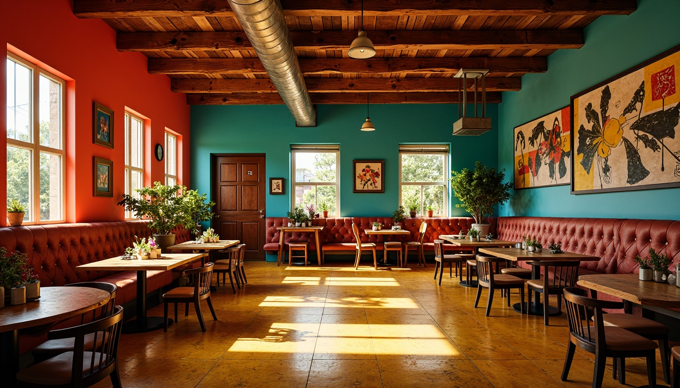 Prompt: Vibrant restaurant interior, expressionist art style, bold color palette, warm golden lighting, rich wood accents, eclectic furniture, abstract artwork, geometric patterns, bright coral walls, deep turquoise ceilings, sunny yellow floors, distressed metal decorations, reclaimed wood textures, industrial chic atmosphere, dramatic shadows, high contrast ratio, 1/2 composition, cinematic lighting, realistic reflections.