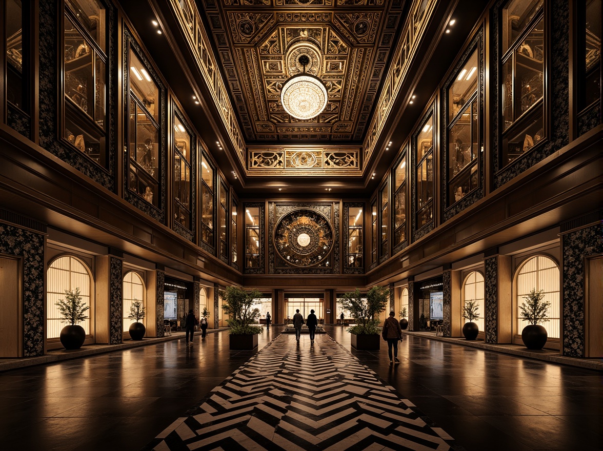 Prompt: Intricate geometric patterns, ornate metalwork, luxurious marble surfaces, grandiose statues, symmetrical compositions, opulent chandeliers, lavish mosaics, bold typography, stylized florals, zigzag motifs, chevron designs, sunburst patterns, metallic accents, polished chrome details, rich jewel tones, dramatic lighting effects, low-angle photography, cinematic atmosphere, high-contrast rendering, detailed textures, realistic reflections.