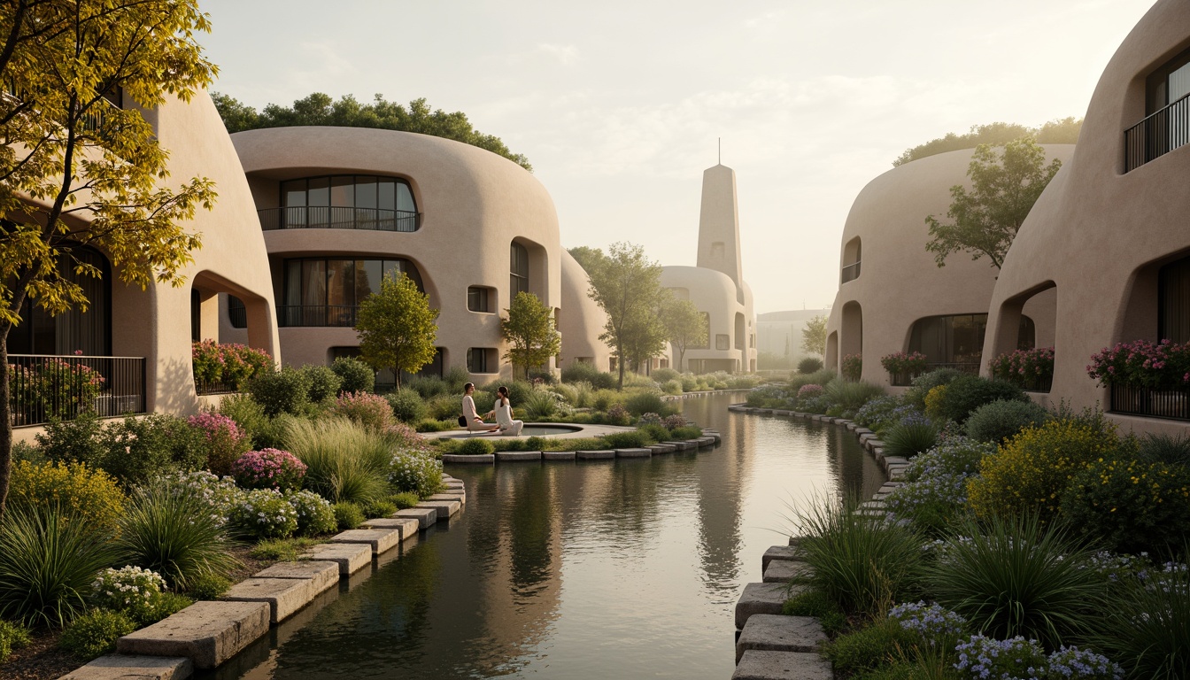 Prompt: Organic blob-shaped buildings, curved lines, soft rounded edges, natural stone foundations, lush green roofs, vibrant flower arrangements, serene water features, misty atmosphere, warm golden lighting, shallow depth of field, 1/1 composition, panoramic view, realistic textures, ambient occlusion, harmonious color palette, earthy tones, sustainable materials, eco-friendly design, futuristic architecture, innovative landscape integration.